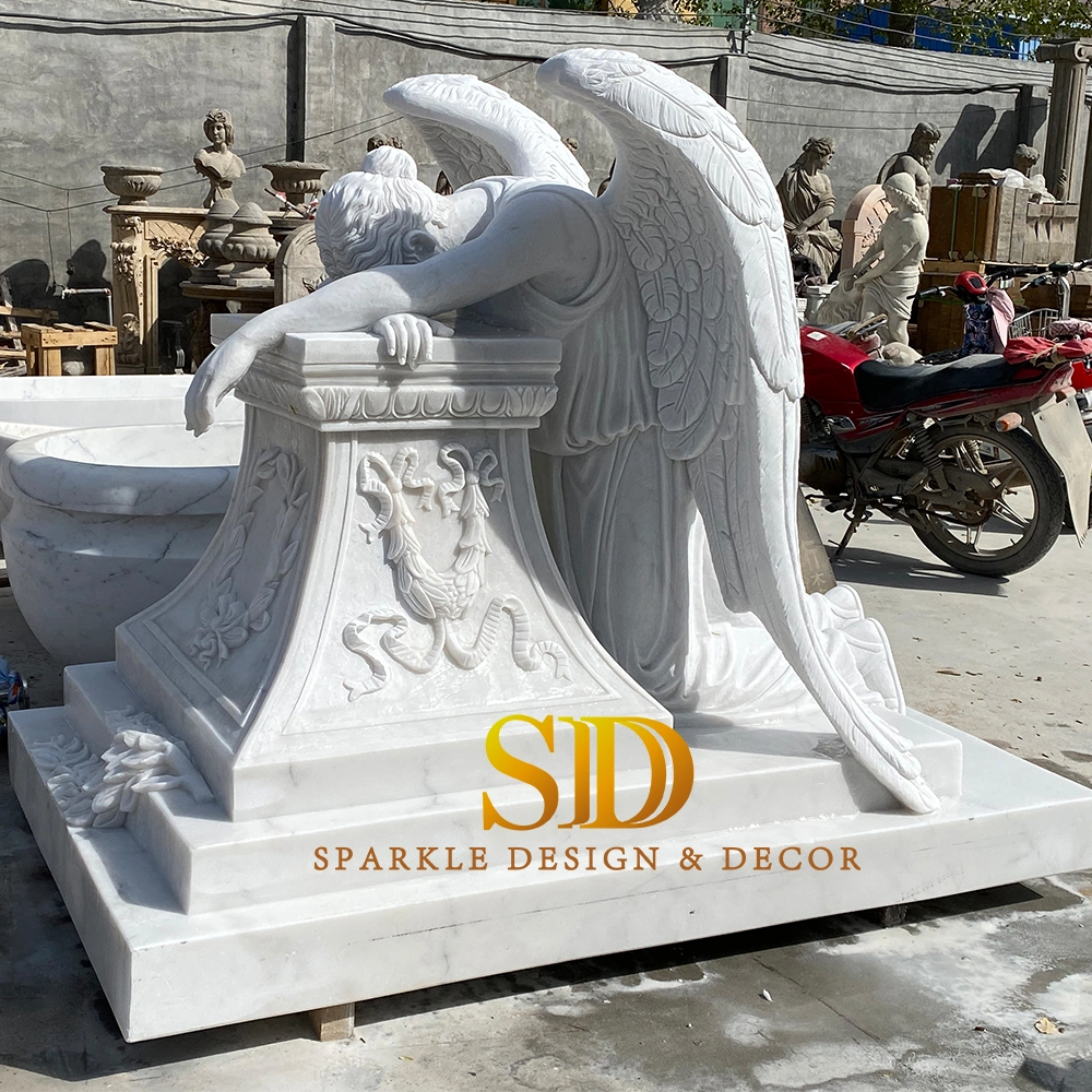 Beautiful Hand Carving White Marble Grave Statue Crying Angel Statue Gravestone Cemetery Statues for Sale