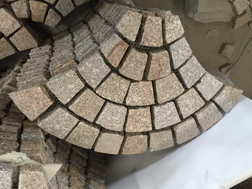 Natural Stone Sector Shape Garden Floor Design Granite Cobblestone on Mesh