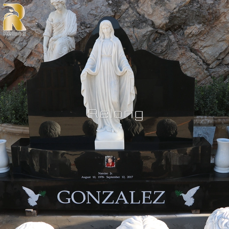 Hand Carved High Quality Black Marble Gravestone with Pure White Marble Religious Mary Statue