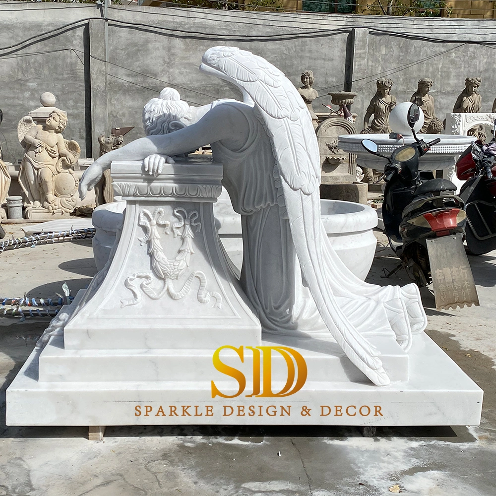 Beautiful Hand Carving White Marble Grave Statue Crying Angel Statue Gravestone Cemetery Statues for Sale