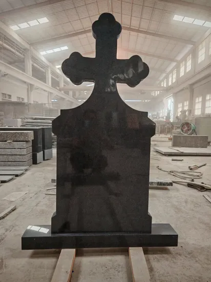 Dark Grey G654 Granite European Memorial Gravestone for Cemetery Material Cross Hand Carving Monument Romanian Design 
